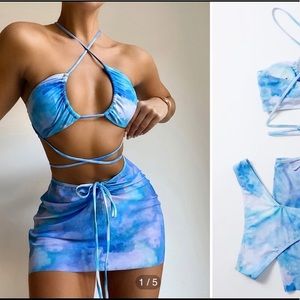 Blue tie dye 3 piece bikini set